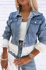 Cropped Denim Jacket with Lace Trim
