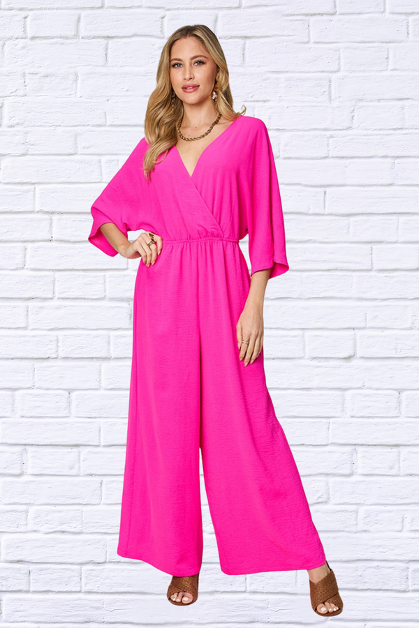 Double Take Full Size Surplice Wide Leg Jumpsuit with Pockets