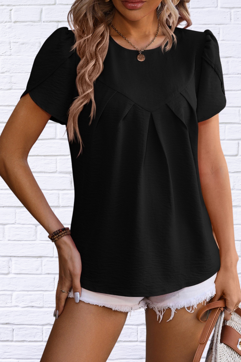 Ruched Round Neck Petal Sleeve Blouse