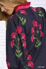 🌸 Floral Print Ruffle Trim Puff Sleeve Blouse