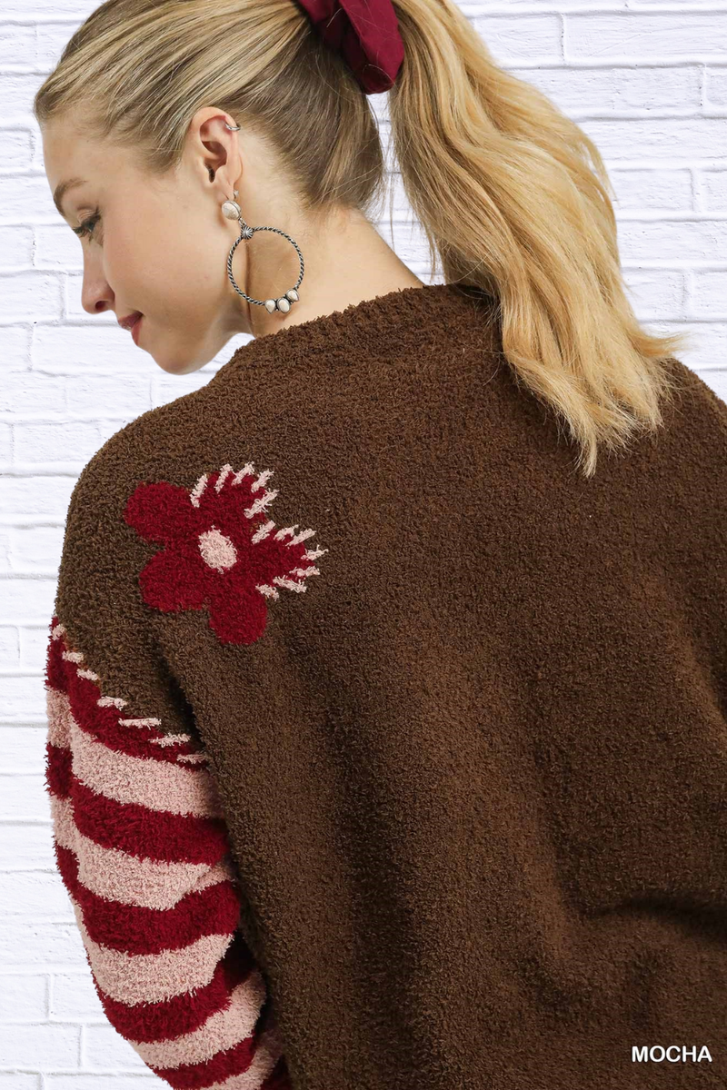 Flower Jacquard Striped Long Sleeve Sweater