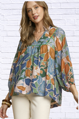 Multicolor Abstract Floral Print Blouse with Ruffle Neck
