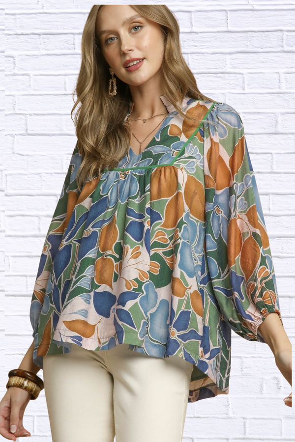 Multicolor Abstract Floral Print Blouse with Ruffle Neck