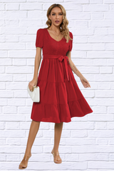 Smocked Tie Front Short Sleeve Tiered Dress