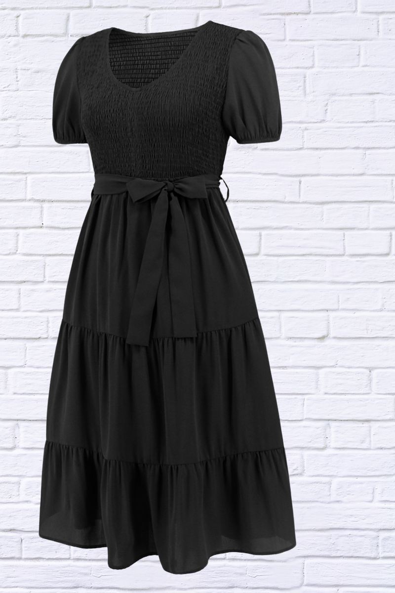 Smocked Tie Front Short Sleeve Tiered Dress