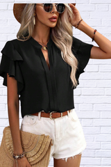 Ruffled Notched Short Sleeve Blouse