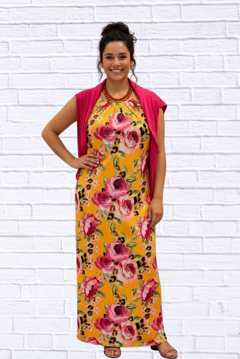 Demi Column Maxi Dress - Tangerine/Cerise Pink / Animal Combo