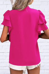 Ruffled Notched Short Sleeve Blouse