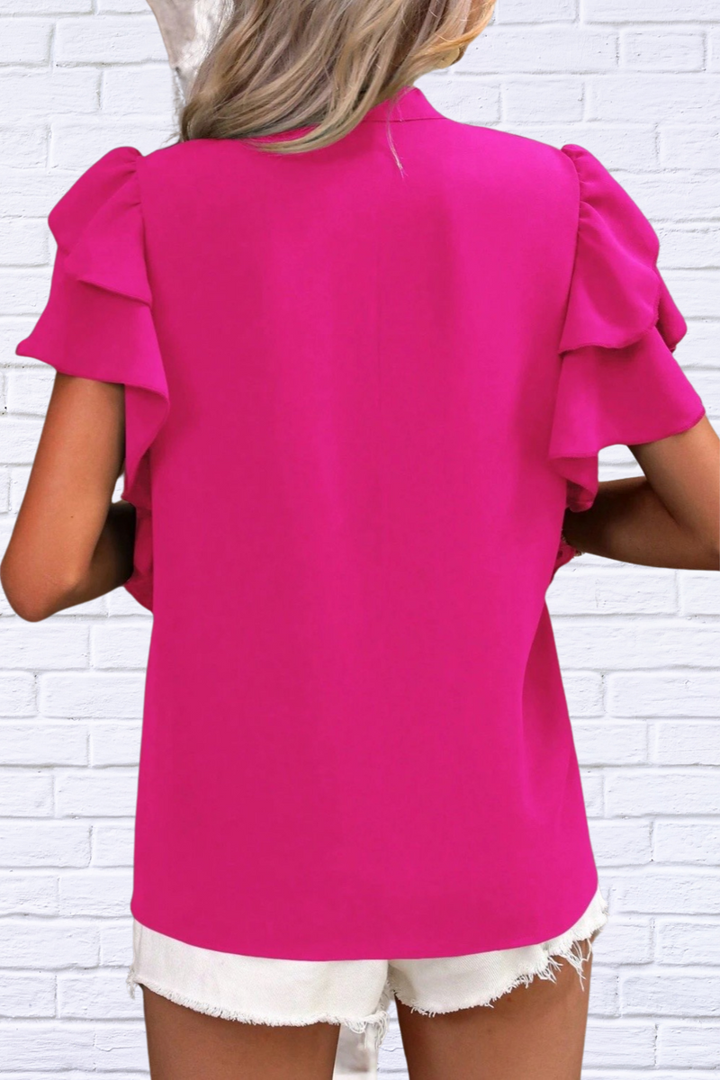Ruffled Notched Short Sleeve Blouse