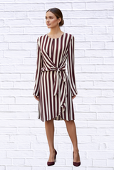Burgundy and Cream Striped Long Sleeve Wrap Dress – Elegant Tie-Waist A-Line Midi Dress