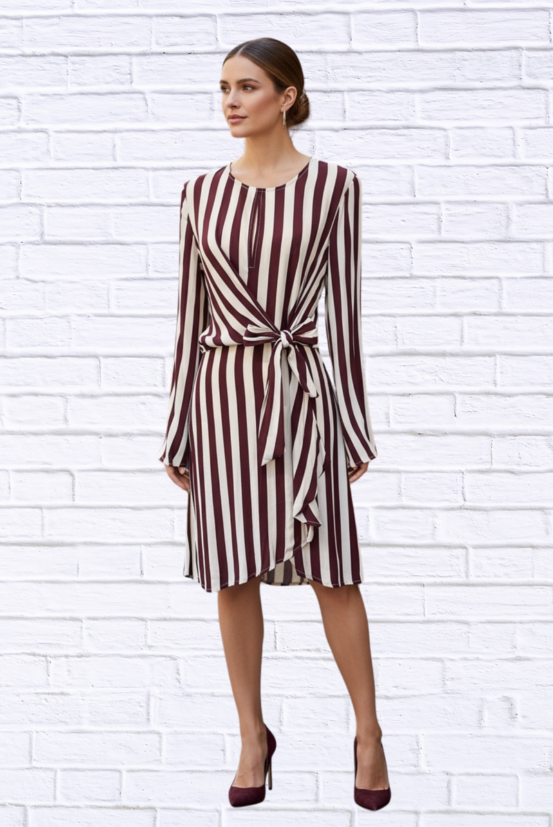 Burgundy and Cream Striped Long Sleeve Wrap Dress – Elegant Tie-Waist A-Line Midi Dress