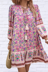 Devine Tassel Floral Tie Neck Mini Dress
