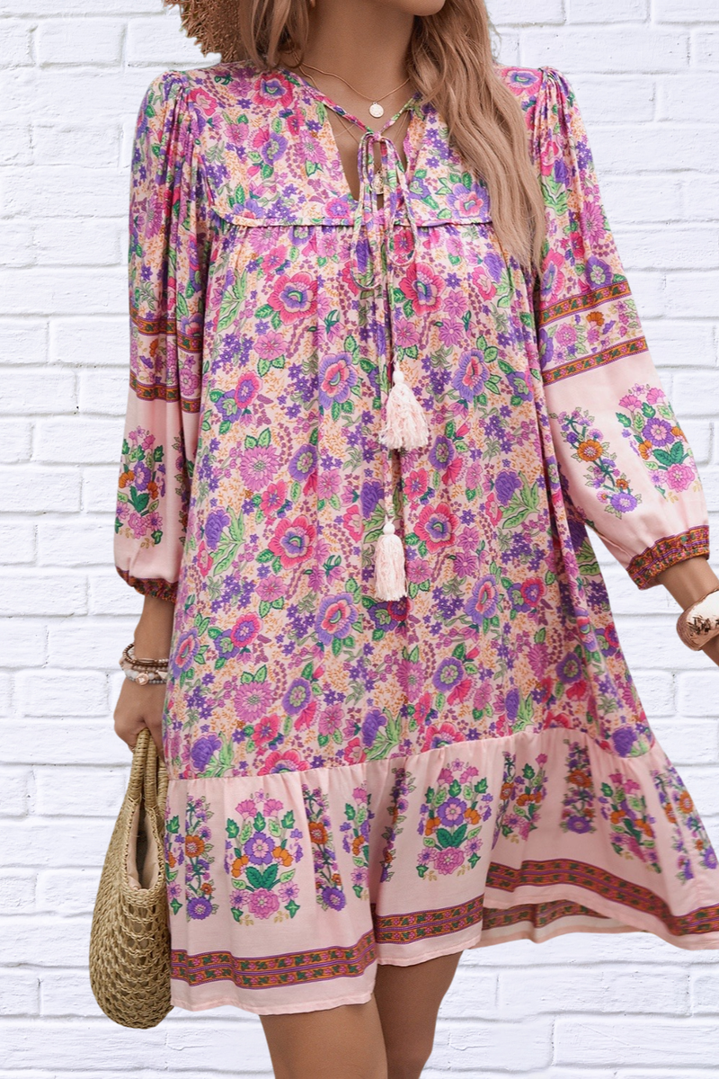 Devine Tassel Floral Tie Neck Mini Dress