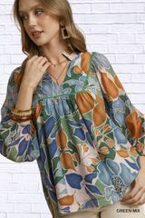 Multicolor Abstract Floral Print Blouse with Ruffle Neck