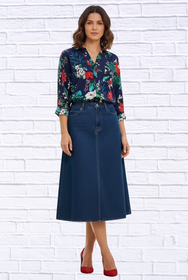 Tropical Floral Viscose Button-Up Shirt – Collared Long Sleeve Blouse with Front Pocket