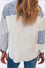 Striped Patchwork Button Down Shirt with Leopard Print Details