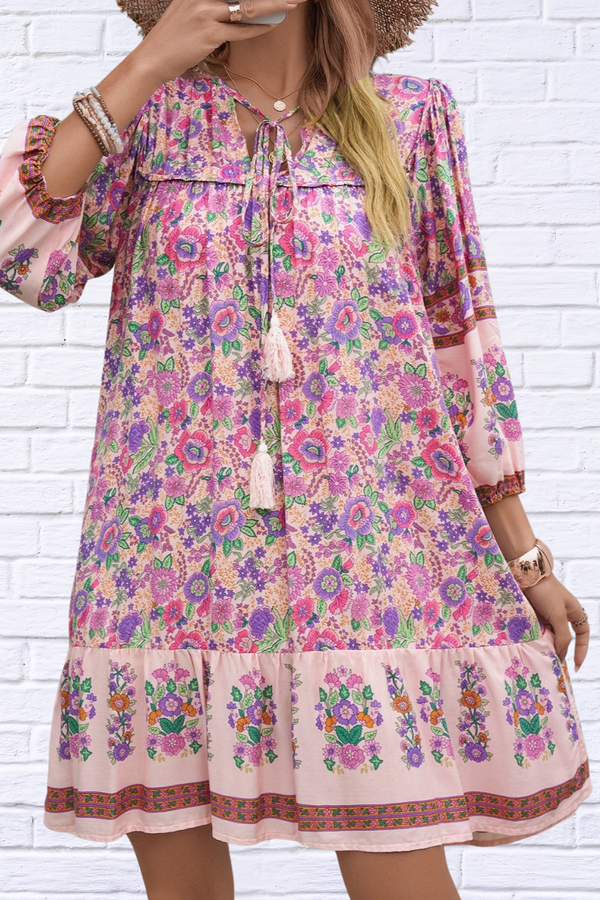 Devine Tassel Floral Tie Neck Mini Dress