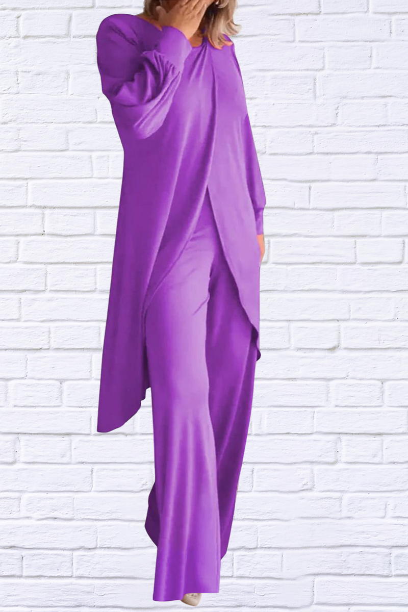 Full Size Slit Round Neck Long Sleeve Top and Pants Set