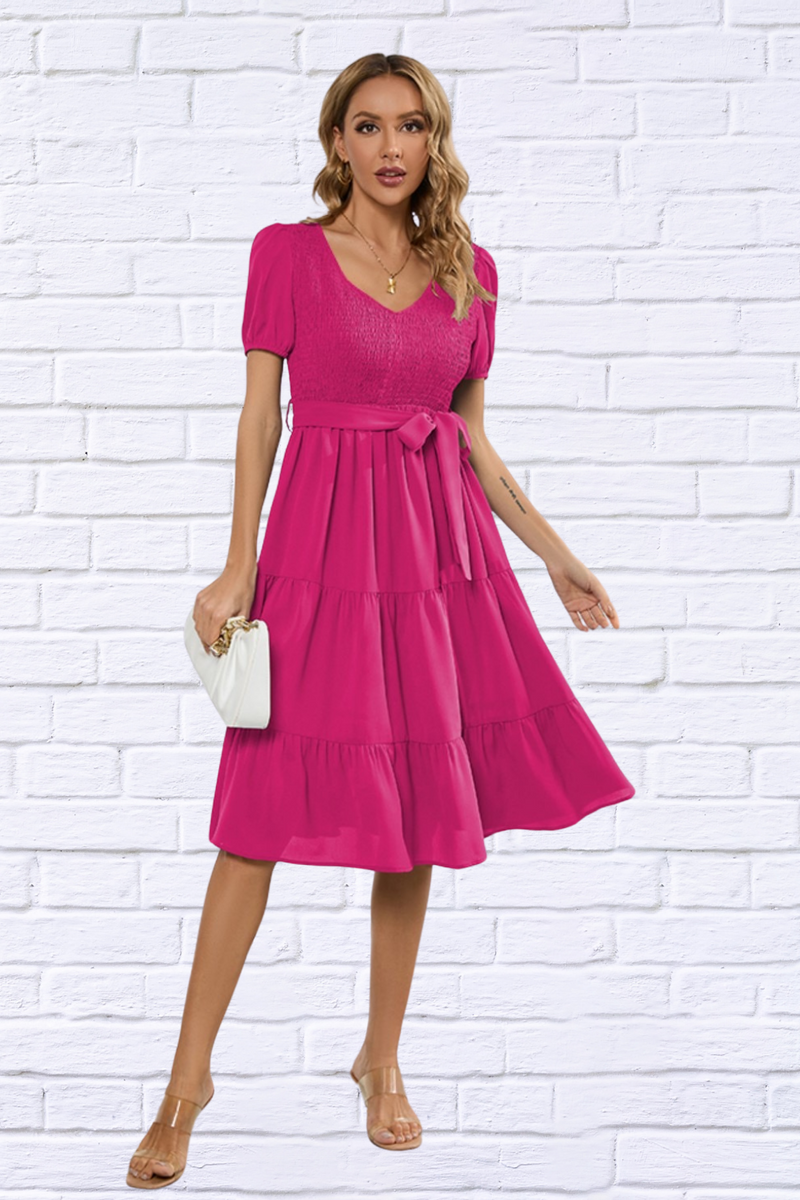 Smocked Tie Front Short Sleeve Tiered Dress