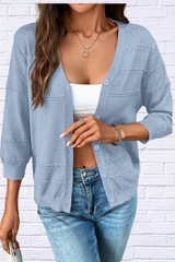 Textured Button-Front Cardigan with 3/4 Sleeves