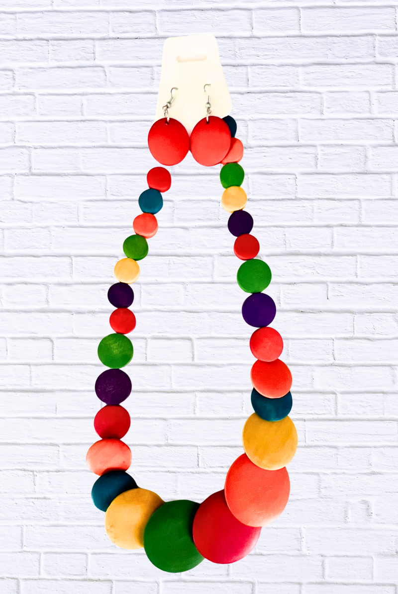 Vibrant Wooden Bead Necklace & Earring Set – Bold Multicolor Statement Jewelry for Women