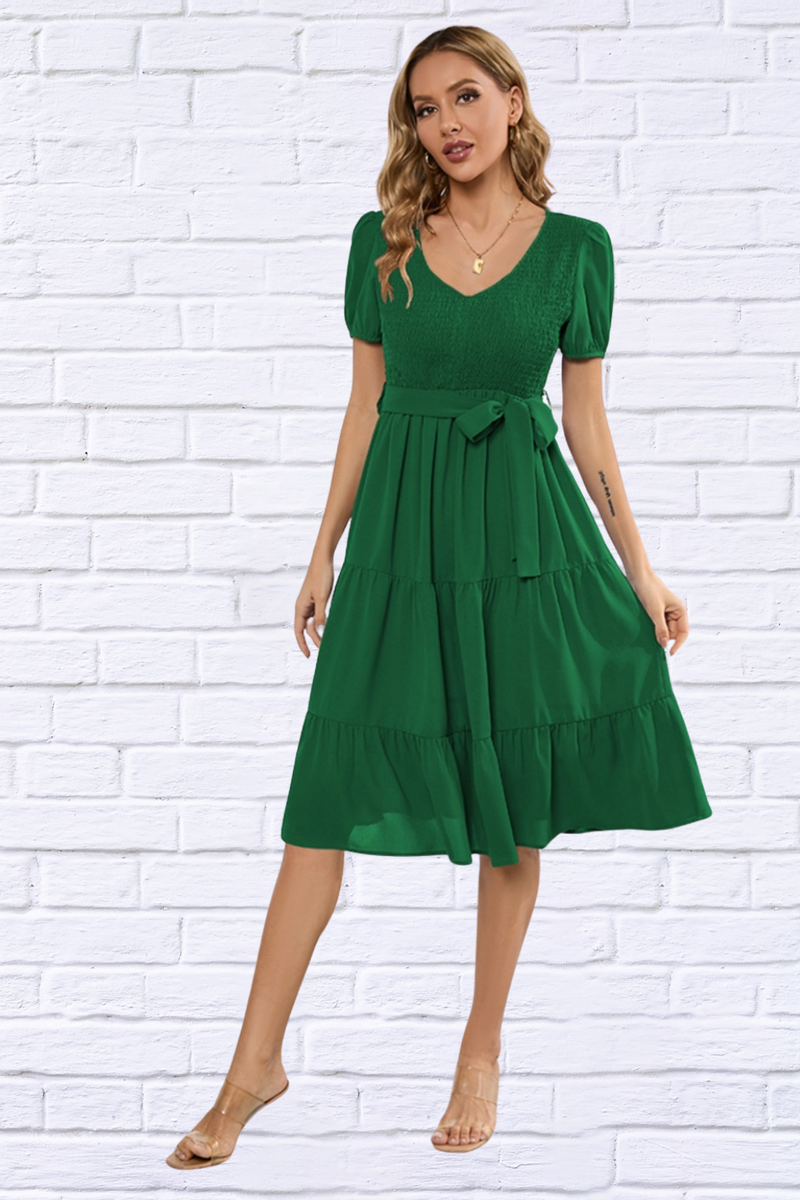 Smocked Tie Front Short Sleeve Tiered Dress