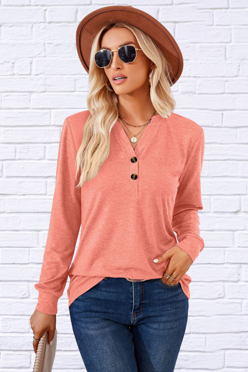 V-Neck Buttoned Long Sleeve Blouse