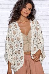 POL Openwork V-Neck Chenille Cardigan with Contrast Floral