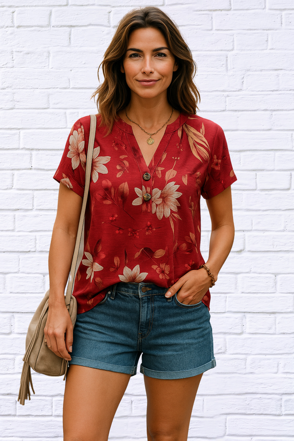 Printed Brick Red Notched Short Sleeve T-Shirt