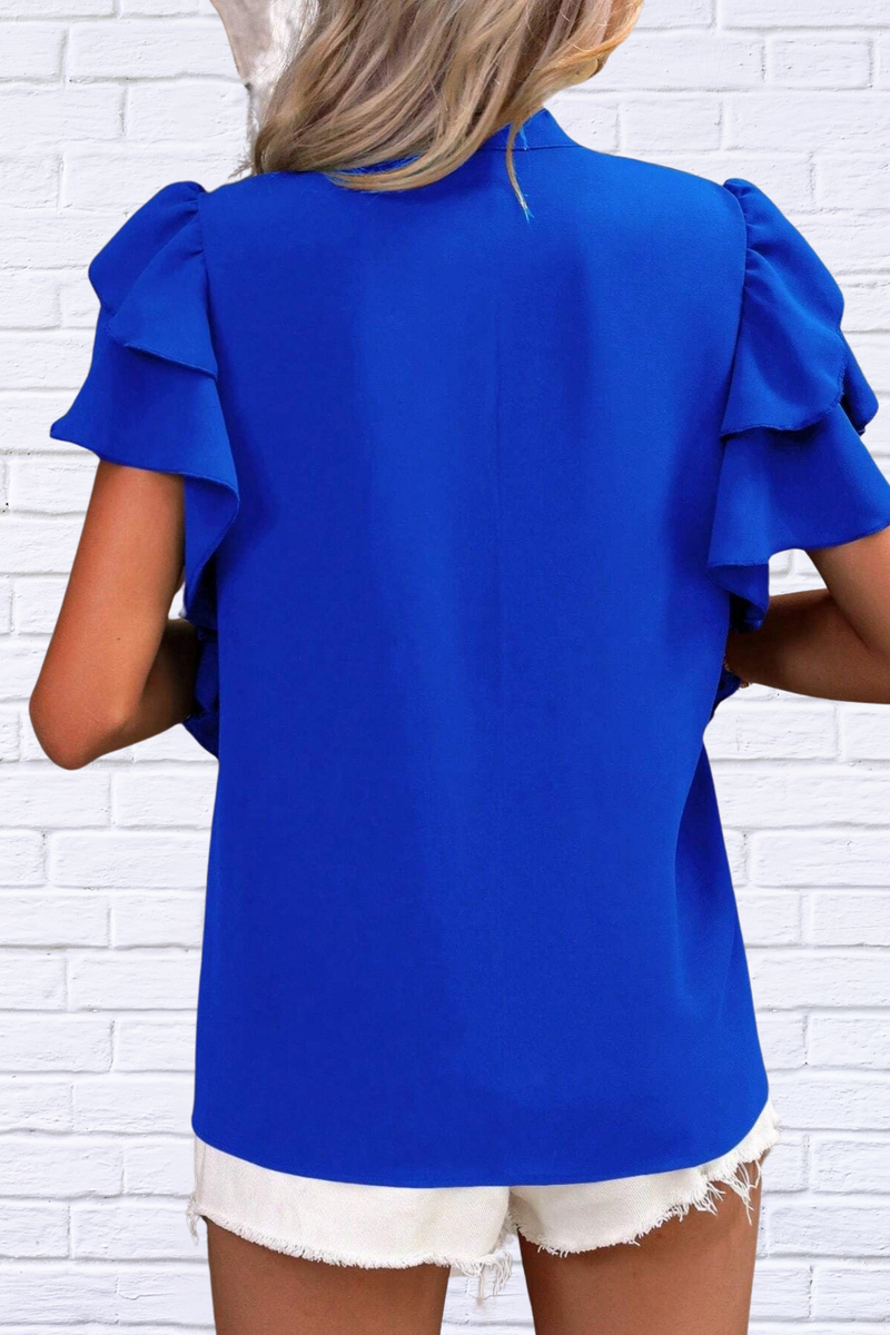 Ruffled Notched Short Sleeve Blouse