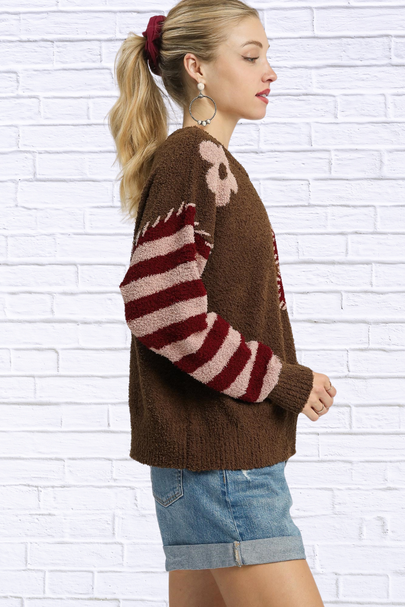 Flower Jacquard Striped Long Sleeve Sweater