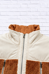 Color Block Plush Patchwork Zipper Stand Neck Vest Coat