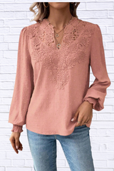 Swiss Dot Lace Detail Long Sleeve Blouse