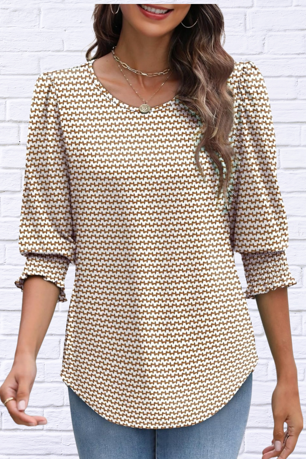 Printed Round Neck Three-Quarter Sleeve Blouse