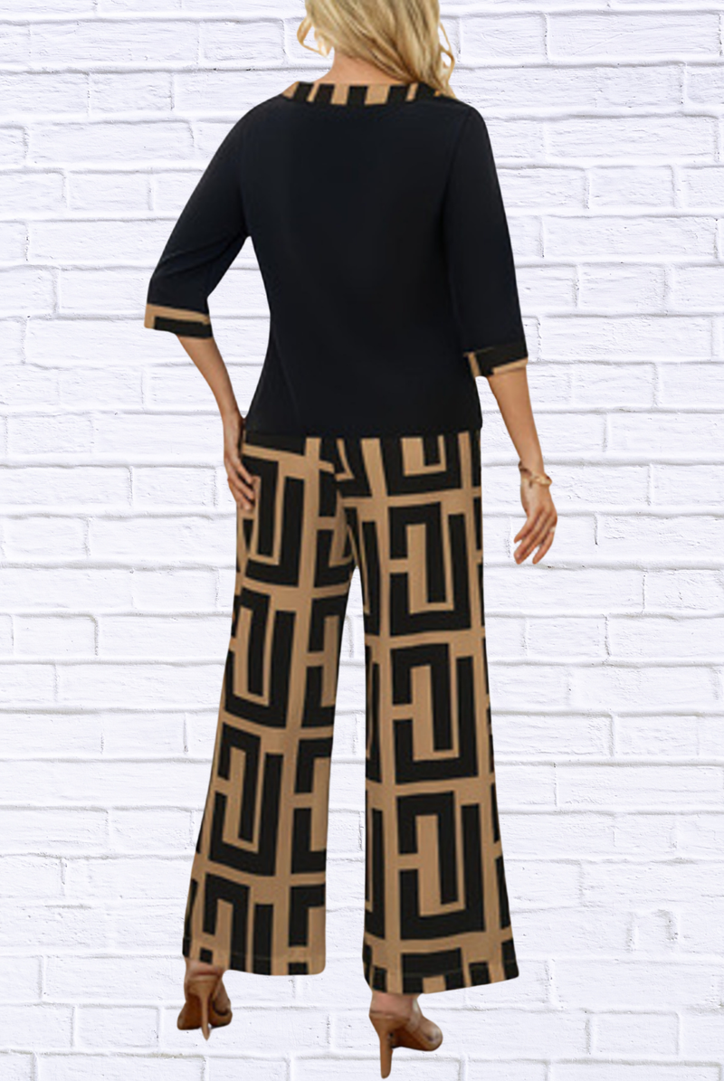 Geometric Print Round Neck Top and Pants Two-Piece Set