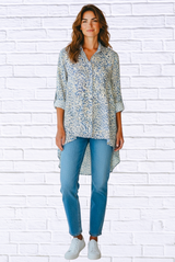 Soft Blue Floral Viscose High-Low Shirt – Button-Up Collared Long Sleeve Tunic Top