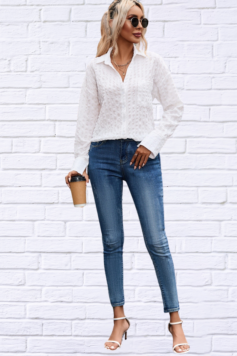 White Textured Button Up Woman's Shirt with Pocket