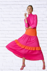 Hot Pink and Orange ColourBlock Smocked Ruffle  Maxi Skirt