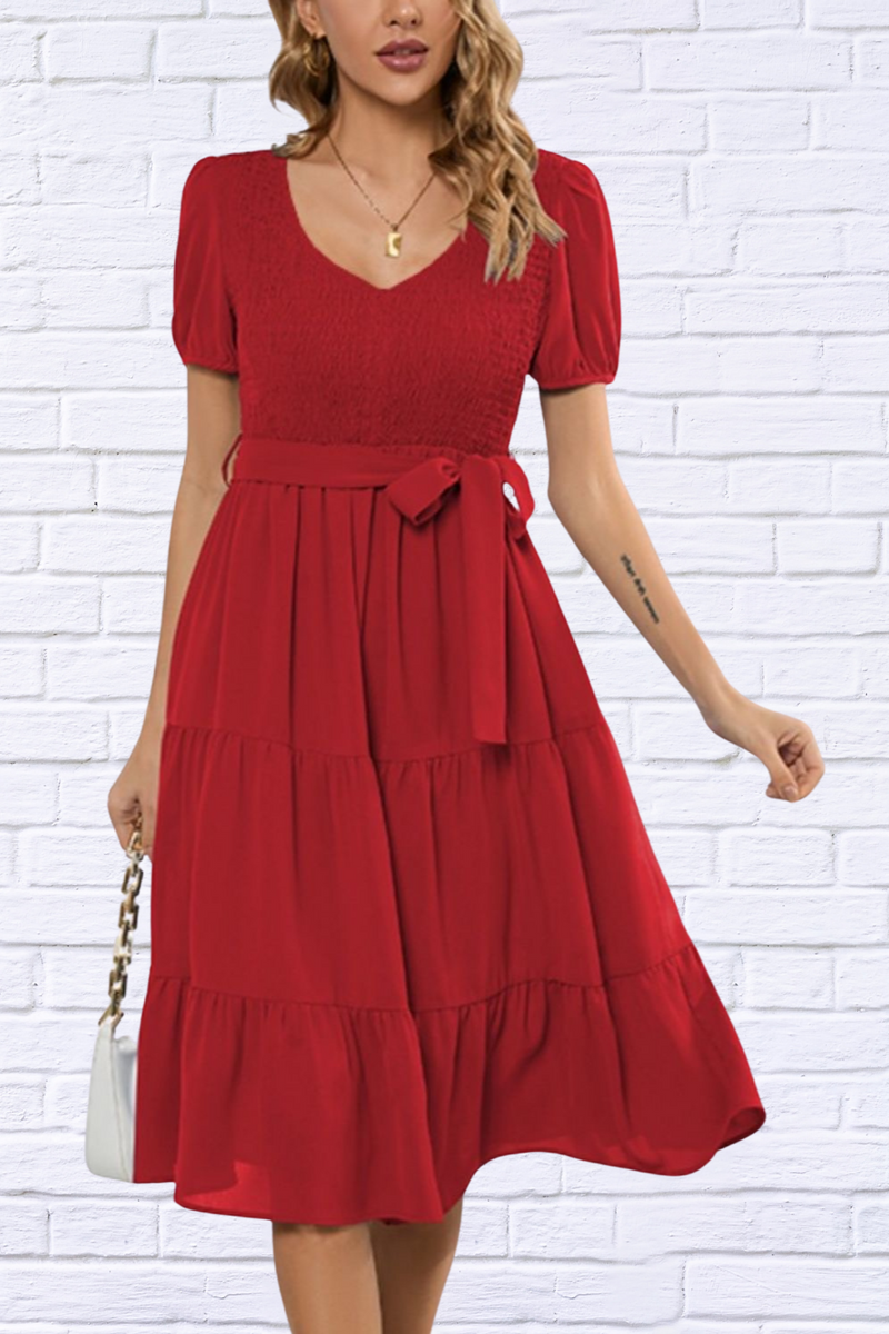 Smocked Tie Front Short Sleeve Tiered Dress