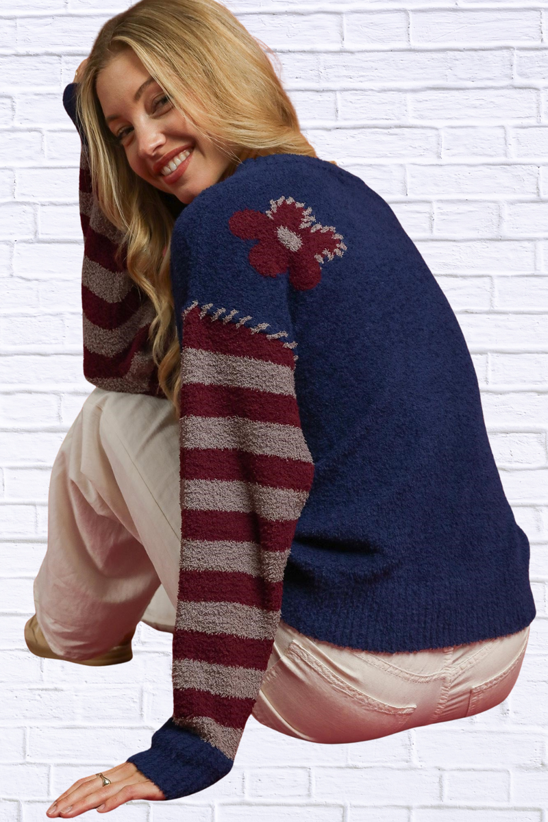 Flower Jacquard Striped Long Sleeve Sweater