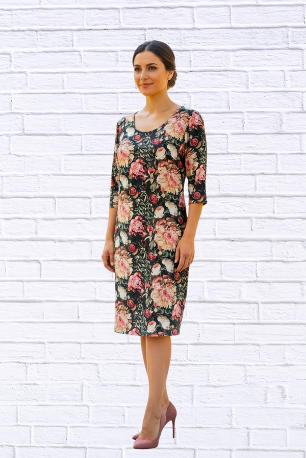 Vintage Floral Print 3/4 Sleeve Knit Dress – Elegant Round Neck Knee-Length Dress