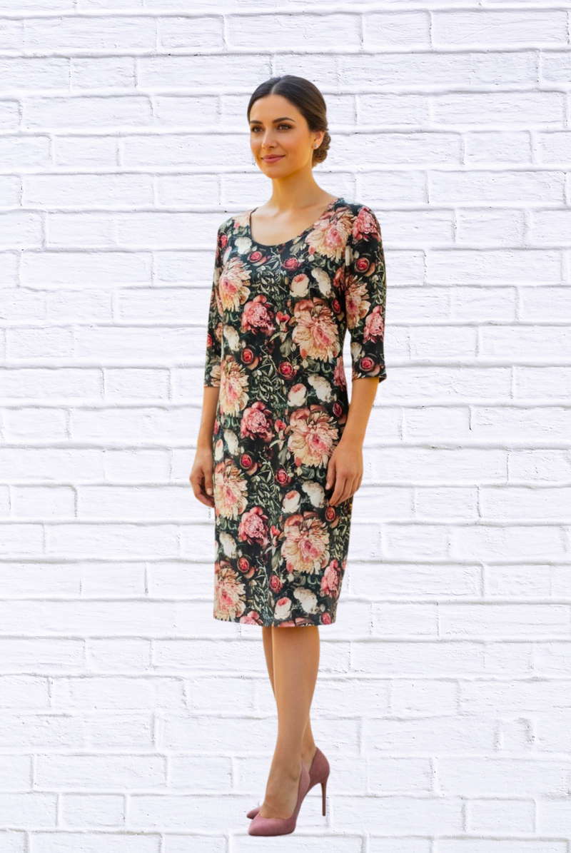 Vintage Floral Print 3/4 Sleeve Knit Dress – Elegant Round Neck Knee-Length Dress