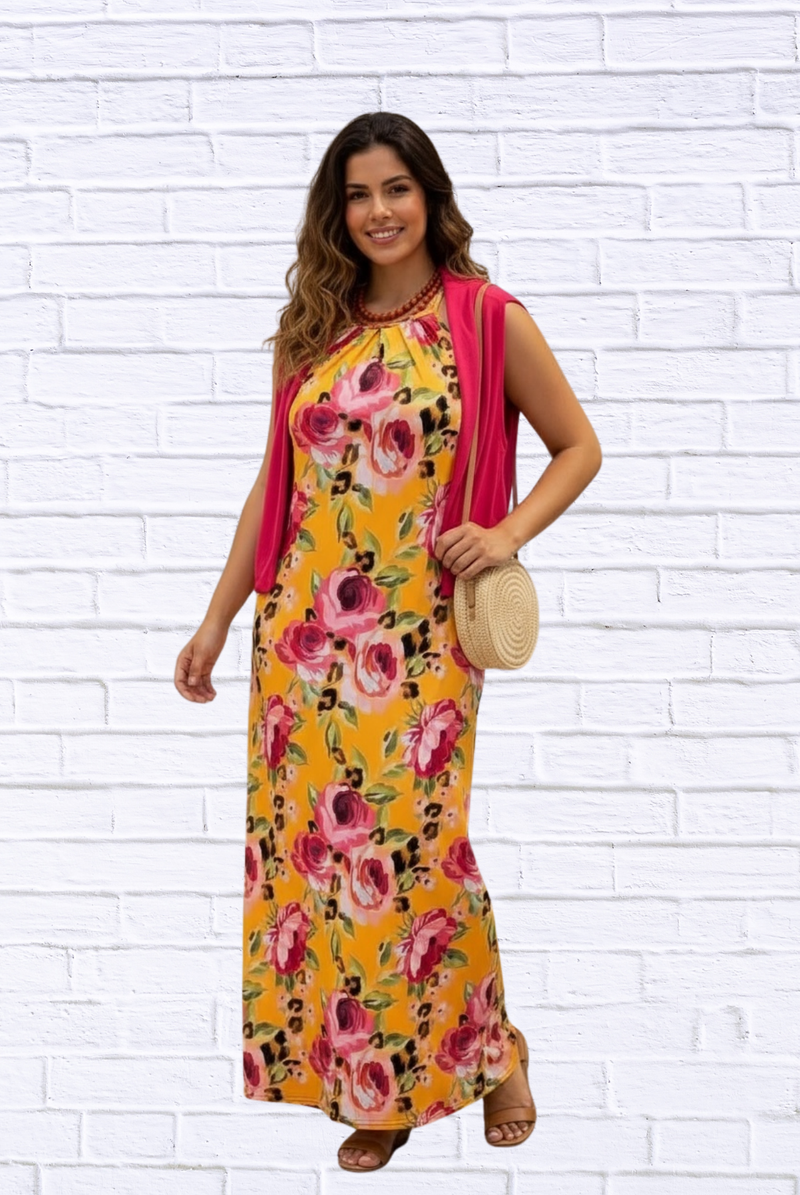 Demi Column Maxi Dress - Tangerine/Cerise Pink / Animal Combo