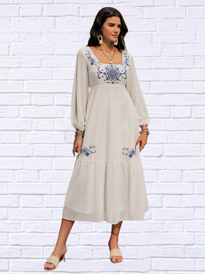 Skylo Printed Square Neck Balloon Sleeve Dress