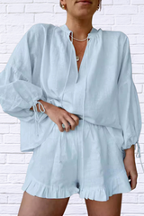 Playful & Polished – Tie Neck Balloon Sleeve Blouse and Shorts Set