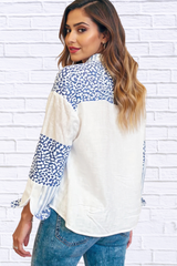 Striped Patchwork Button Down Shirt with Leopard Print Details