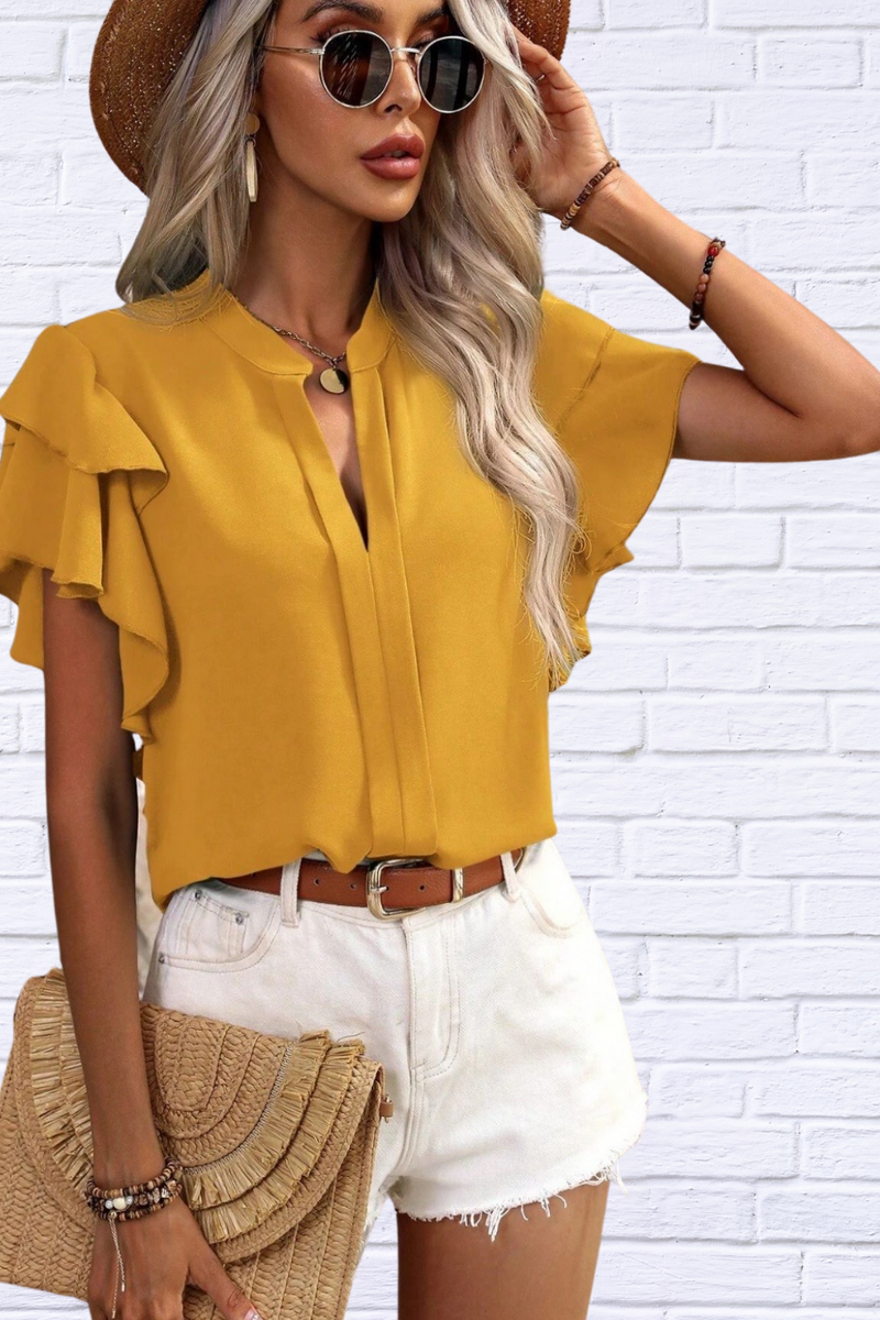 Ruffled Notched Short Sleeve Blouse
