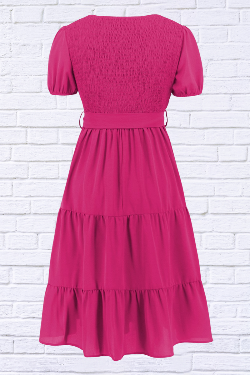 Smocked Tie Front Short Sleeve Tiered Dress