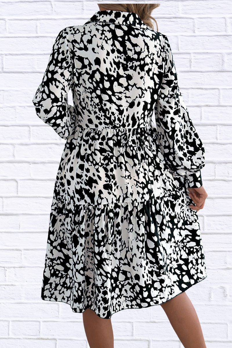 Printed Collared Neck Buttoned Tiered Long Sleeve Dress