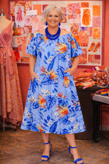 Blue Tropical Off-Shoulder Midi Dress — Effortless Elegance